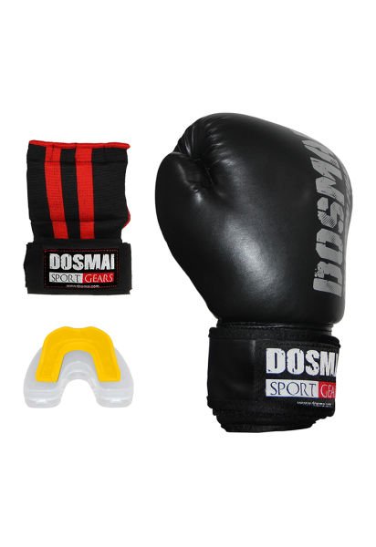 Dosmai Üçlü Boks Kick Boks Muay Thai Eldiveni Bandajlı Eldiven ve Dişlik Seti KMP995 Siyah - 12 oz